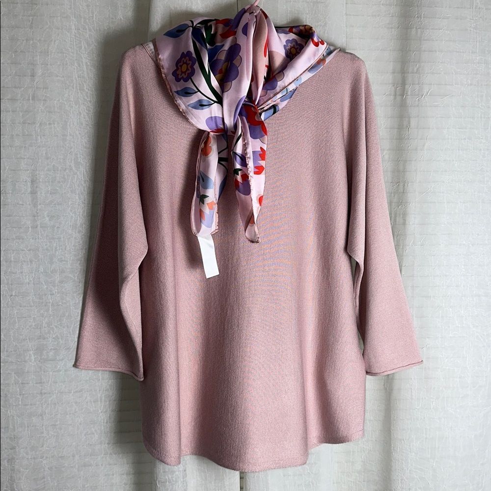 CR XL Pink Crew Dolman Quarter Sleeve Fine Knit Sweater Square Floral Scarf Set